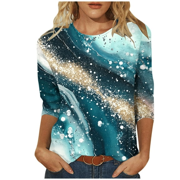 3/4 Length Sleeves Shirts for Womens Fashion Retro Floral Printed Tshirt Round Neck Spring Summer Outfits Casual Loose Tunic Tops