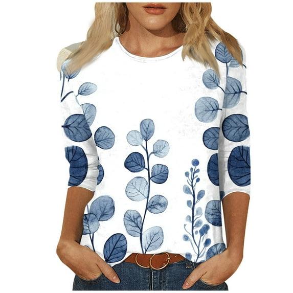 3/4 Length Sleeves Shirts for Womens Fashion Retro Floral Printed Tshirt Round Neck Spring Summer Outfits Casual Loose Tunic Tops