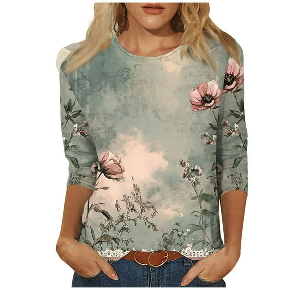 3/4 Length Sleeves Shirts for Womens Fashion Retro Floral Printed Tshirt Round Neck Spring Summer Outfits Casual Loose Tunic Tops