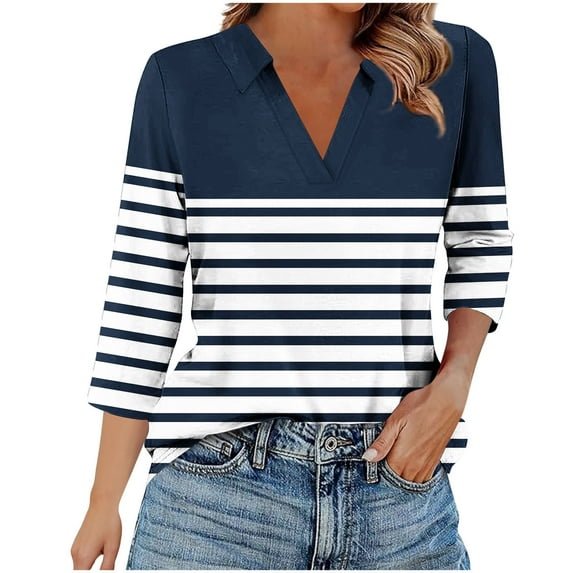 3/4 Length Sleeves Tops for Womens Trendy Striped V-Lapel Henley Shirts Loose Comfy Casual T-Shirts Blouse & Shirt Navy Medium
