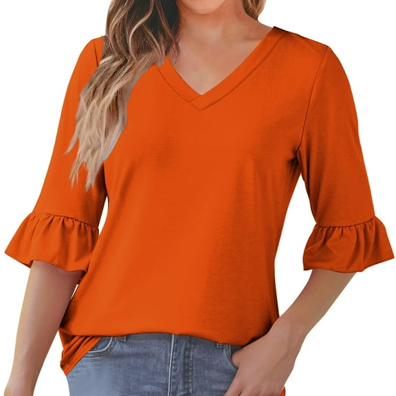 3/4 Length Sleeves Womens Tops Blouses for Women Dressy Casual Tops Trendy Summer Shirts Spring Clothes 2025 Orange M