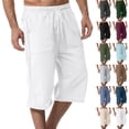 thumbnail image 1 of 3/4 Linen Capri Pants for Men Loose Fit Elastic Drawstring Waist Cropped Trousers with Side Pockets Breathable Lightweight Summer Casual Beach Yoga Workout Bottoms, #03 White, XL, 1 of 5