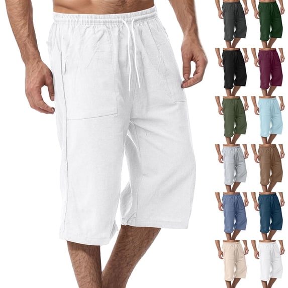 3/4 Linen Capri Pants for Men Loose Fit Elastic Drawstring Waist Cropped Trousers with Side Pockets Breathable Lightweight Summer Casual Beach Yoga Workout Bottoms, #03 White, XL