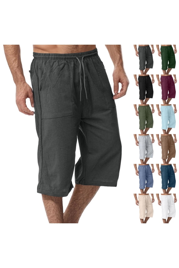 3/4 Linen Capri Pants for Men Loose Fit Elastic Drawstring Waist Cropped Trousers with Side Pockets Breathable Lightweight Summer Casual Beach Yoga Workout Bottoms, #03 Gray, M