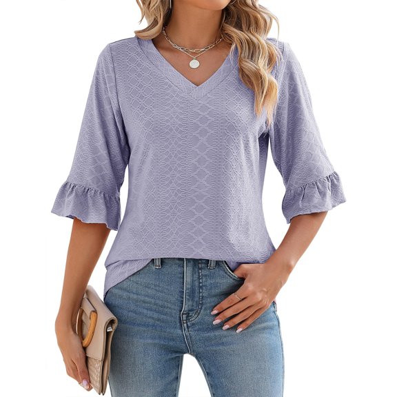 3/4 Long Sleeve Women's V Neck T-Shirt Ruffled Bell Sleeve Top