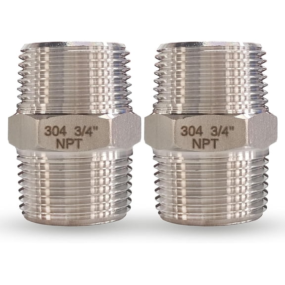 3/4" Male x Hex Nipple Pipe Fittings, 304 Stainless Steel 3/4 inch NPT Threaded Adapter Fittings Equal Nipples Connectors, Straight Connector Fitting (3/4, 2pcs)
