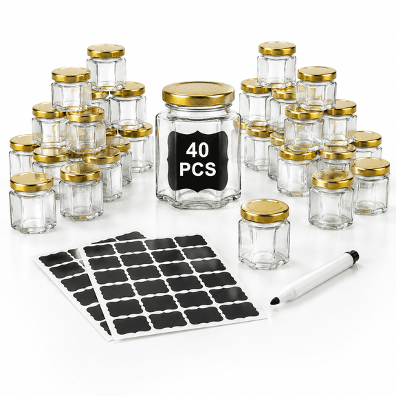3.4 Oz Hexagonal Glass Jars with Lids, 40 Pack Airtight Mini Storage Containers