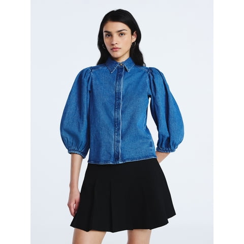Women’s Denim Shirt with 3/4 Length Puff Sleeves, Sizes XS-XXL