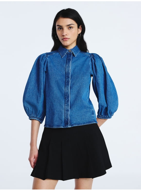 Women’s Denim Shirt with 3/4 Length Puff Sleeves, Sizes XS-XXL
