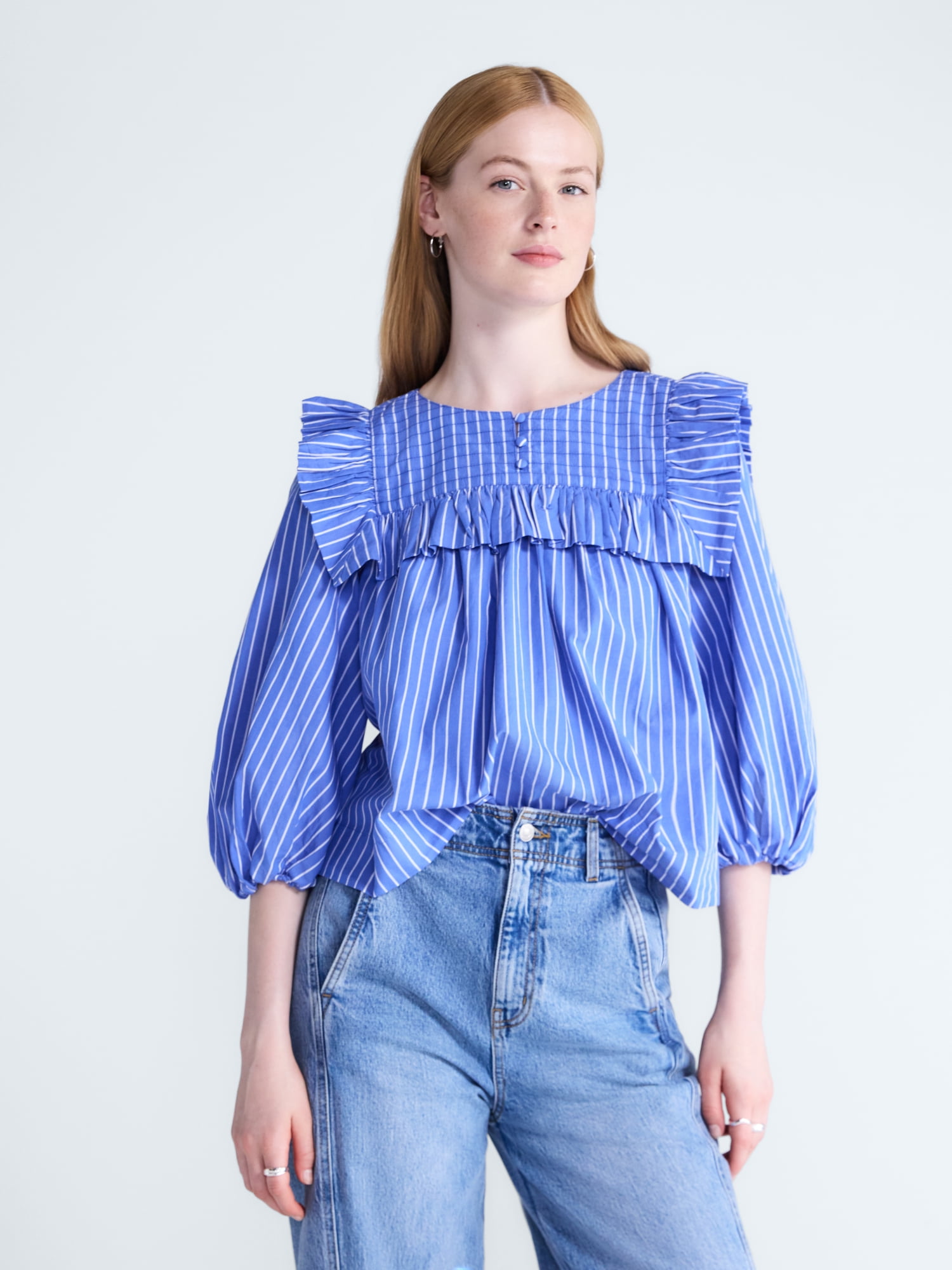 Free Assembly Women's and Women's Plus Ruffle Yoke Cotton Top with Puff Sleeves, Sizes XS-4X