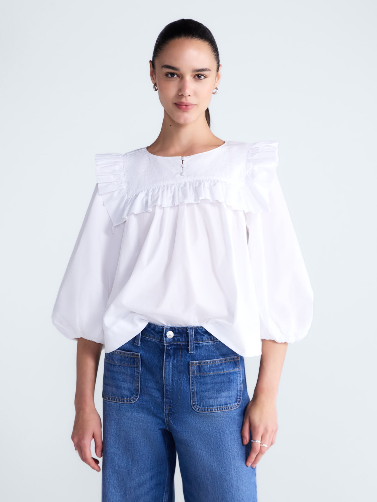 Free Assembly Women's and Women's Plus Ruffle Yoke Cotton Top with Puff Sleeves, Sizes XS-4X