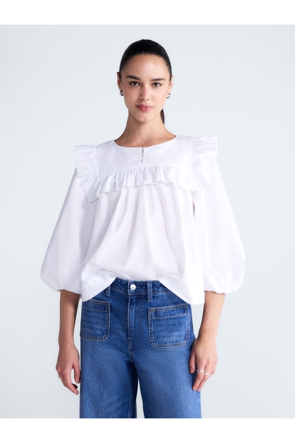 Women's and Women's Plus Ruffle Yoke Cotton Top with Puff Sleeves, Sizes XS-4X
