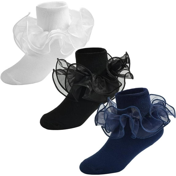 3/4-Pairs Toddler Girl Socks with Big Ruffle Lace Frilly Turn Cuff Dress Socks for Newborn Infant Toddlers Kids Adults