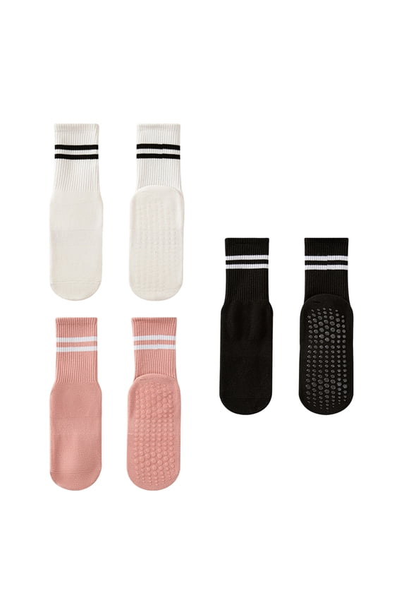 3/4 Pairs Women's Gripped Sports Socks Soft Cotton Ankle Socks with Double Stripes for Gym Exercise Barre Dance Pilates