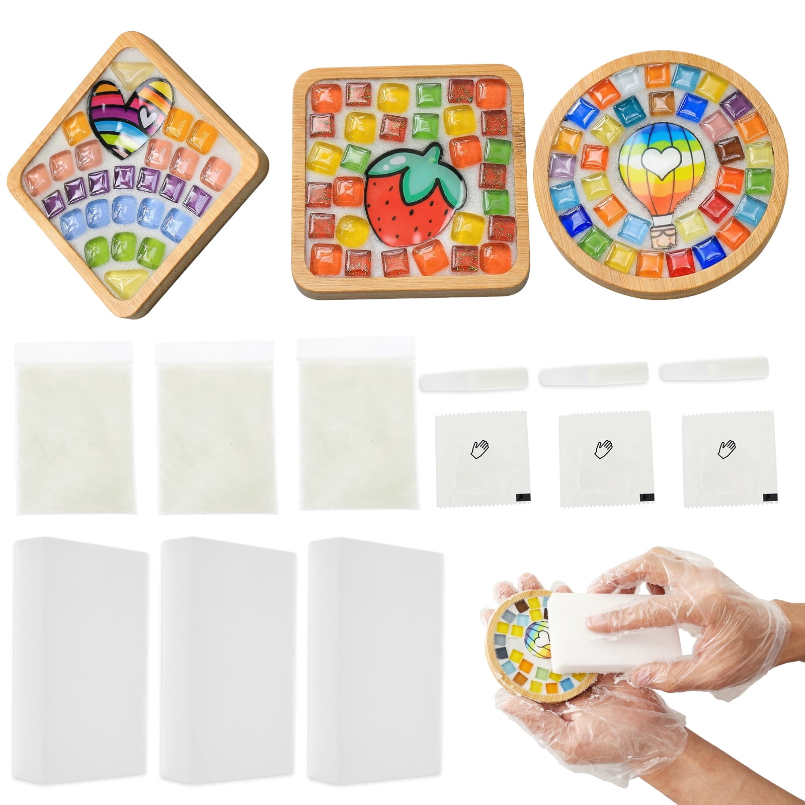 3 Pcs DIY Mosaic Kit for Adult Glass Tile for Craft with Bamboo Cup Pad for Women Mixed Color Mosaic Art Craft Cup Mat Project Handmade Making Kit Set for Home Decor Present