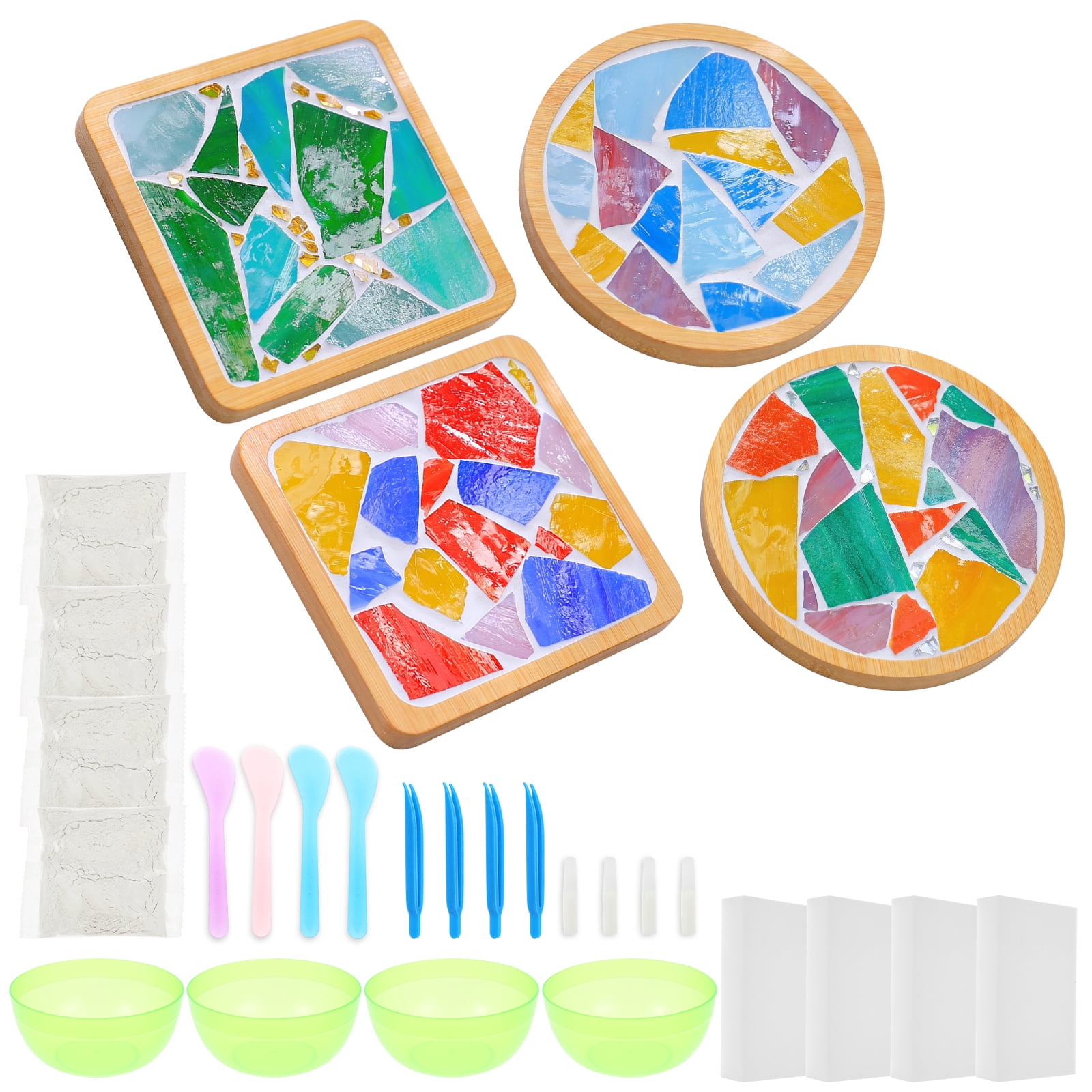 4 Pcs DIY Mosaic Kit for Adult Glass Tile for Craft with Bamboo Cup Pad for Mixed Color Mosaic Art Craft Cup Mat Project Handmade Making Kit Set for Home Decor Present