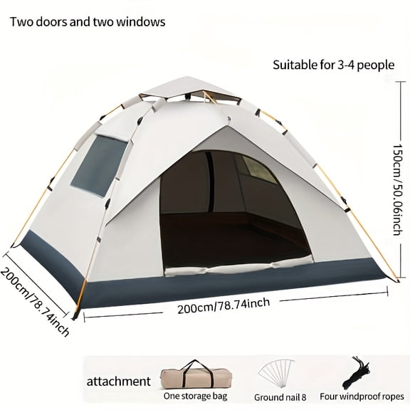 3-4 Person 3-Second Automatic Pop-Up Camping Tent - Fiberglass Poles & Square Oxford Cloth Shed | High-Quality Zipper, All-Season Quick-Set Shelter | Ideal for Hiking, Travel & Beach Trips