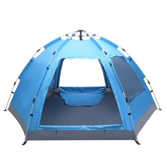 3-4 Person Blue Instant Pop Up Tent, Waterproof Automatic Family Camping Tent with Silver Coating & Fiberglass Poles for Outdoor Travel Hiking