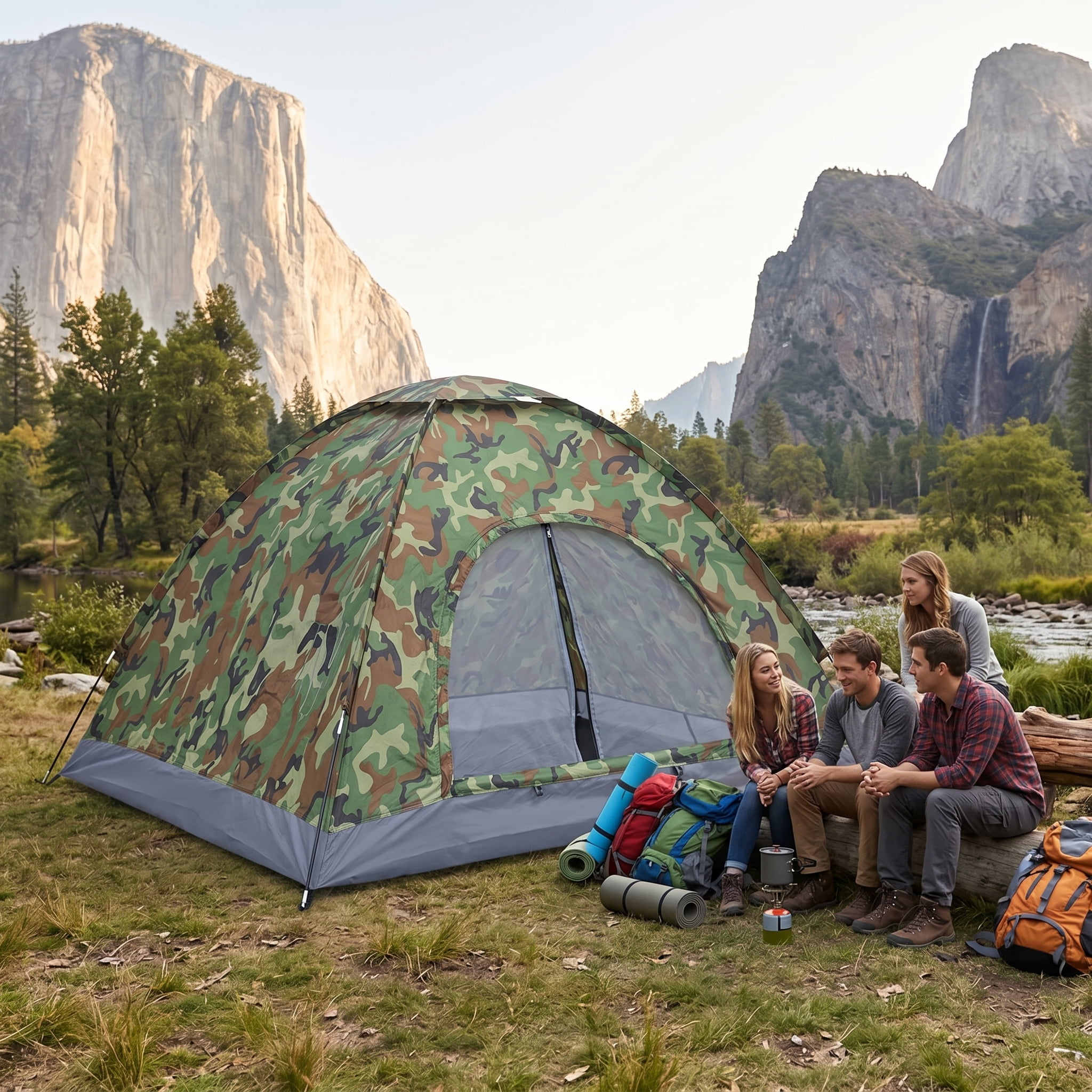 3-4 Person Camouflage Camping Dome Tent, Waterproof Outdoor Backpacking Tent