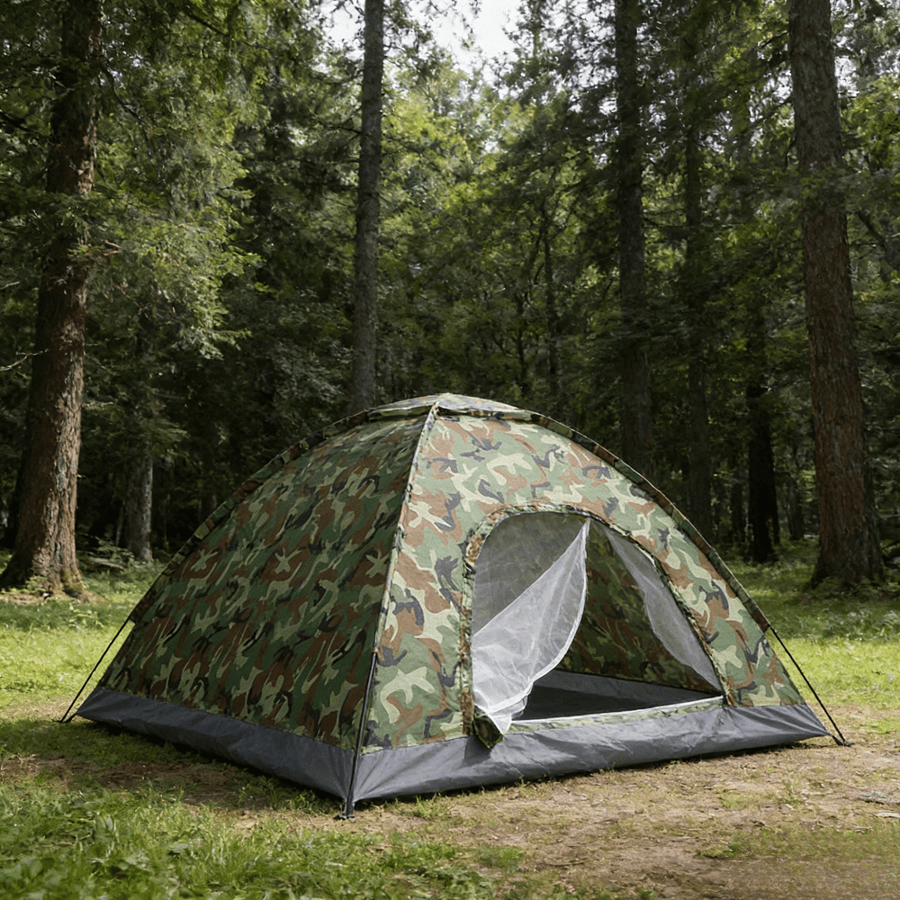 3-4 Person Camping Dome Tent Camouflage 6.56Ft Width 3.3Lbs Lightweight 180T Silver Coated Polyester Waterproof Oxford Floor Fiberglass Poles Portable Backpacking Hiking Outdoor Shelter
