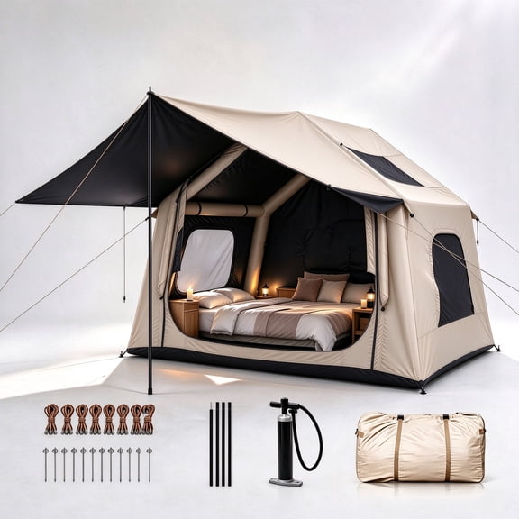 3-4 Person Inflatable Camping Tent, Air Glamping Tent with Skylight & Canopy, PU3000 Waterproof UPF50+, Air‑Beam Cabin Tent,Easy Pump Setup,Windproof Air Frame, Mesh Windows, 4 Season Family Tent