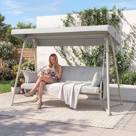CHINNLUU Oversized 4 Person Porch Swing with Stand 800 LBS Capacity Adjustable Canopy Backrest Includes Cushions Pillows Patio 2 in 1 Swing Bed for Backyard Garden Poolside, Champagne