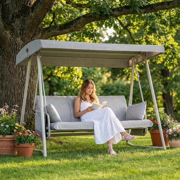 CHINNLUU Oversized 4 Person Porch Swing with Stand 800 LBS Capacity Adjustable Canopy Backrest Includes Cushions Pillows Patio 2 in 1 Swing Bed for Backyard Garden Poolside, Champagne