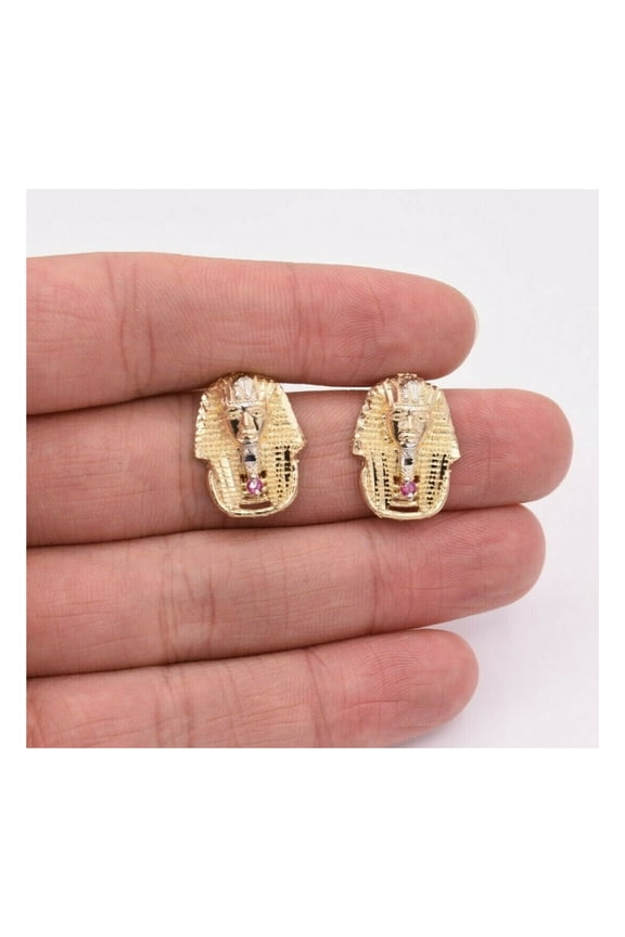 3/4"Diamond-Cut Pharaoh King Ruby Stud Unisex Adult Earrings 10K Two-Tone Gold, 3.90Gr – Goldum NYC