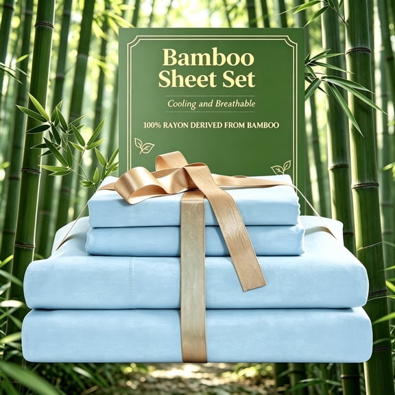 3/4 Piece 100% Viscose From Bamboo Sheet Set, Light Blue Queen,300 Thread Count Luxury Cooling Breathable Bed Sheets, 