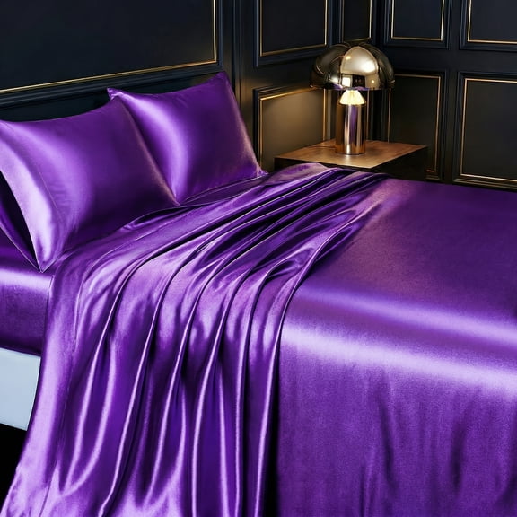 3/4-Piece Premium Satin All-Season Bedding Set, Ultra Soft Silky Cool Touch Fabric, Deep Pocket Durable Hemming, Skin-Friendly Breathable Bedroom Bed Linen(Purple,King)
