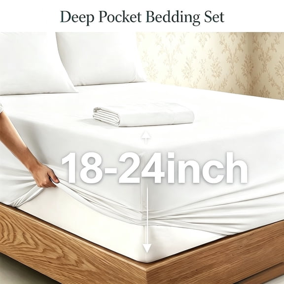 3/4 Pieces Deep Pocket Bedding Sheet Set, White Twin, Extra Deep Pocket Fitted Sheet Fits 18-24 Inches Thick Mattress, Ultra Soft Wrinkle Resistant Breathable Bed Sheets,
