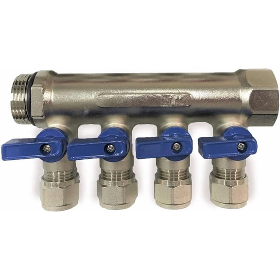 4-Loop PEX Manifold 1" Trunk, 1/2" PEX Outlets Brass Radiant Heat Manifold with Blue Ball Valves