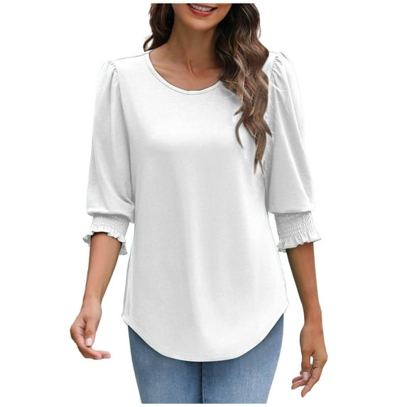 3/4 Puff Sleeve Blouses for Womens Elegant Work Business Clothes Ladies Dressy Casual Tops Solid Color Basic Tshirts Crewneck Curved Hem Tunic Blouse with Smocked Cuffs