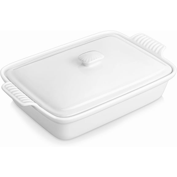 3.4 Quart Rectangular Porcelain Baking Dish with Lid and Handles Microwave Oven Safe White
