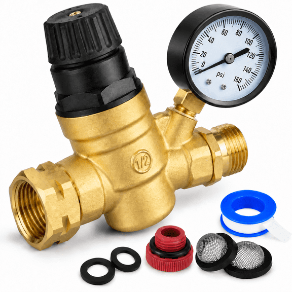 3/4" RV Water Pressure Regulator with Gauge, Adjustable 0-160 PSI Lead-Free Brass Water Pressure Reducer Valve with Inlet Screen Filter for RV Camper Travel Trailer