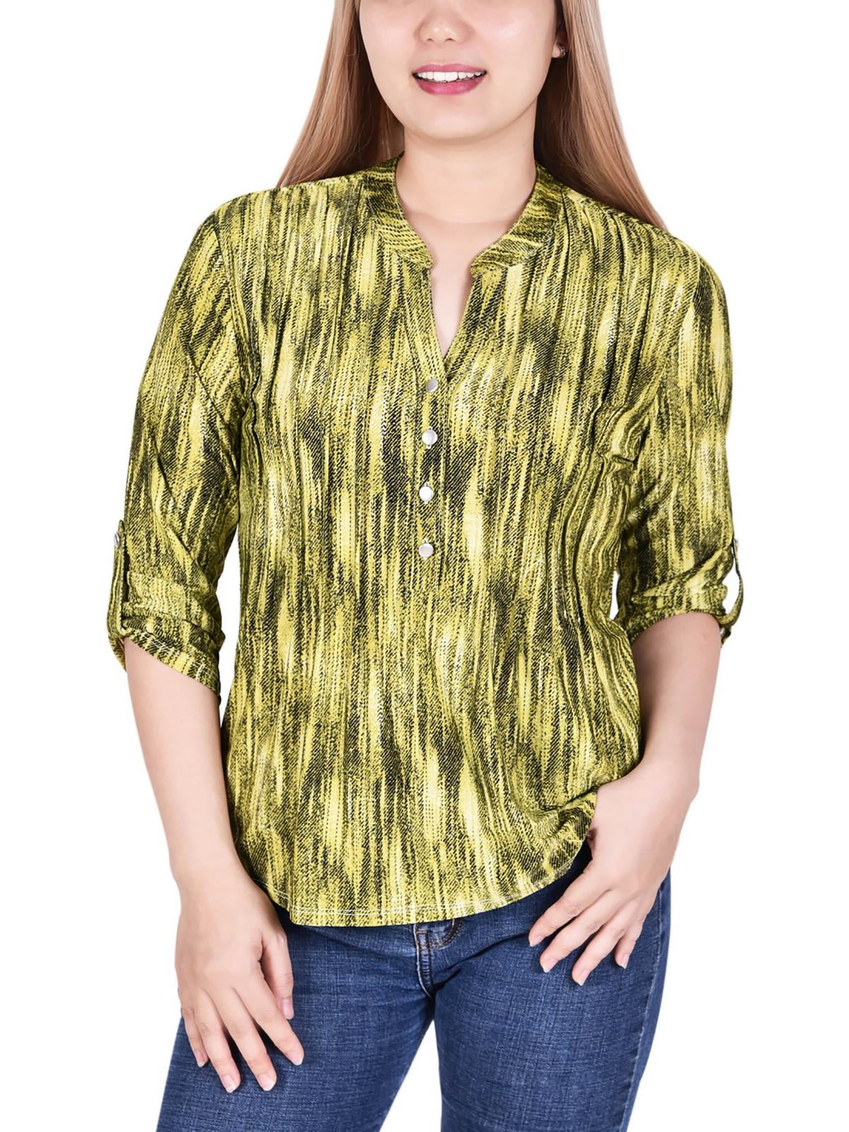 Yellow Tiedye 3/4 Bell Sleeve Pleat Front Y Neck Top - Petite