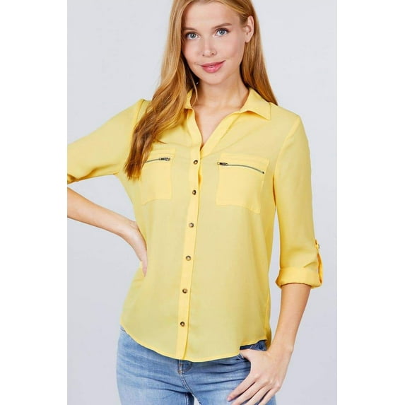 3/4 Roll Up Sleeve Pocket W/zipper Detail Woven Blouse