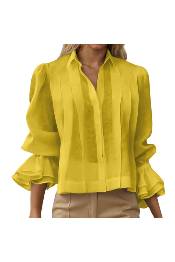 3/4 Ruffle Sleeve Button down Shirts for Women Dressy Casual Lapel V-Neck Pleated Blouse Trendy Lightweight Breathable Cropped Work Tops Yellow S