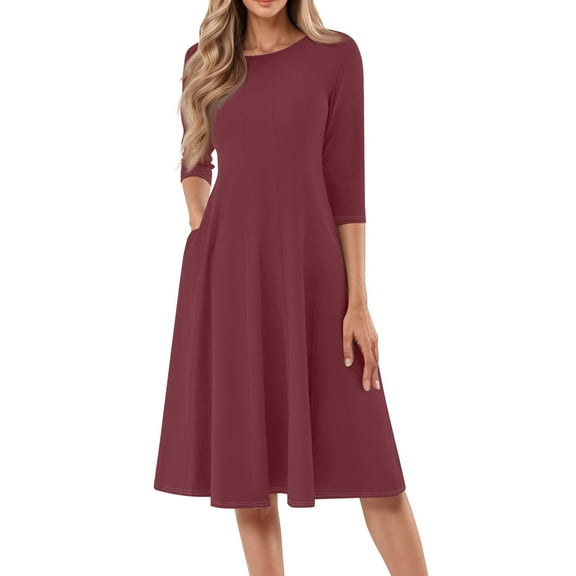 3/4 Sleeve A-Line Dress, Solid Color with Side Pockets, Classic Tea Dress for Afternoon Tea, Mother's Day & Church Dark Purple M
