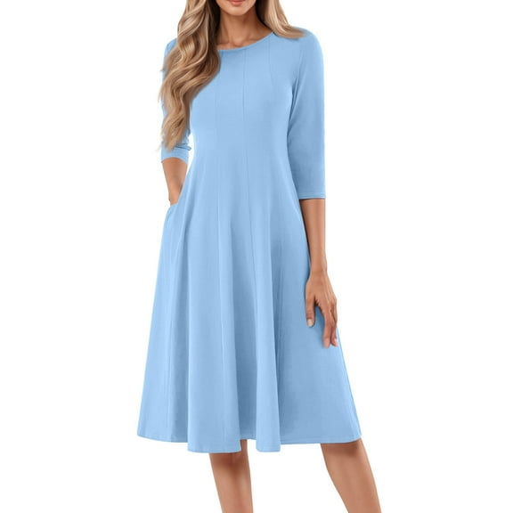 3/4 Sleeve A-Line Dress, Solid Color with Side Pockets, Classic Tea Dress for Afternoon Tea, Mother's Day & Church Light Blue L