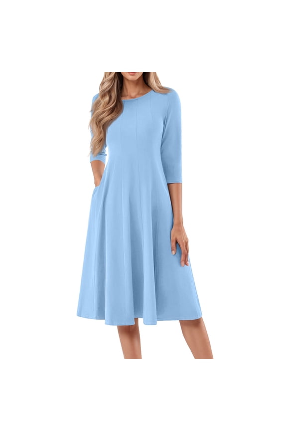 3/4 Sleeve A-Line Dress, Solid Color with Side Pockets, Classic Tea Dress for Afternoon Tea, Mother's Day & Church Light Blue L