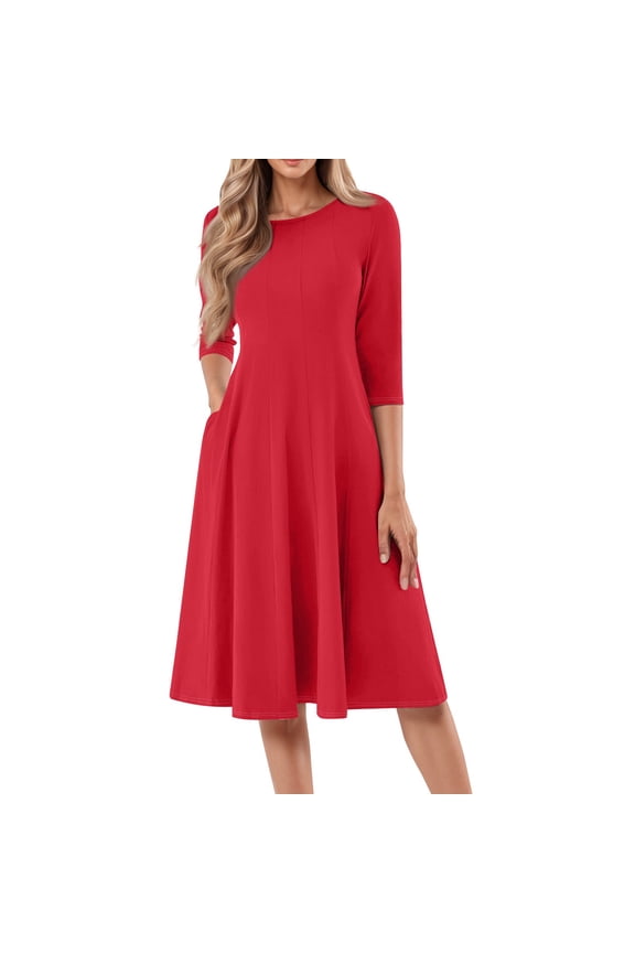 3/4 Sleeve A-Line Dress, Solid Color with Side Pockets, Classic Tea Dress for Afternoon Tea, Mother's Day & Church Red 3XL