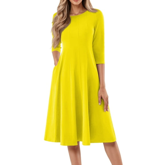 3/4 Sleeve A-Line Dress, Solid Color with Side Pockets, Classic Tea Dress for Afternoon Tea, Mother's Day & Church Yellow 2XL