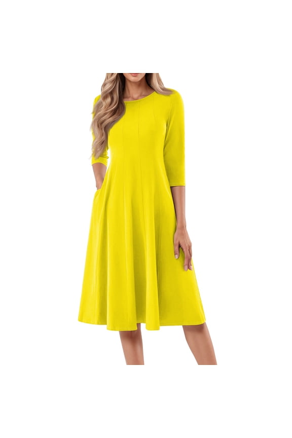 3/4 Sleeve A-Line Dress, Solid Color with Side Pockets, Classic Tea Dress for Afternoon Tea, Mother's Day & Church Yellow 3XL