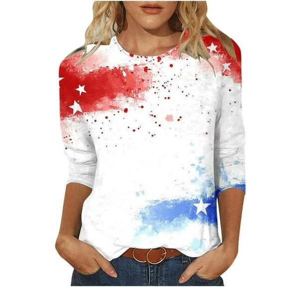 3/4 Sleeve American Flag T Shirt for Women Stars Striped Patriotic Tunic Tops Dressy Casual Independence Day Crewneck Tshirts Fashion Summer Beach Vacation Outfits Memorial Day Tees Clothes