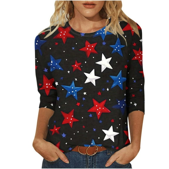 3/4 Sleeve American Flag T Shirt for Women Stars Striped Patriotic Tunic Tops Dressy Casual Independence Day Crewneck Tshirts Fashion Summer Beach Vacation Outfits Memorial Day Tees Clothes