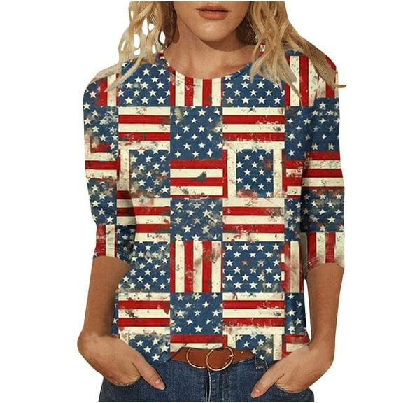 3/4 Sleeve American Flag T-Shirts for Women Plus Size 4th of July Stars Stripes Graphic Tees Tops Casual Dressy Crewneck Tunic Shirts Memorial Day Patriotic Blouses Independence Day Summer Shirts