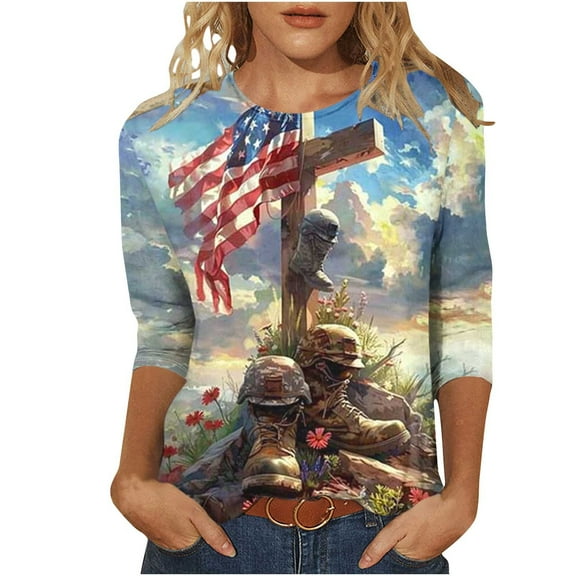 3/4 Sleeve American Flag T-Shirts for Women Plus Size 4th of July Stars Stripes Graphic Tees Tops Casual Dressy Crewneck Tunic Shirts Memorial Day Patriotic Blouses Independence Day Summer Shirts