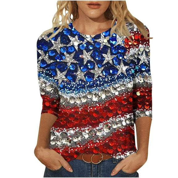 3/4 Sleeve American Flag T-Shirts for Women Plus Size 4th of July Stars Stripes Graphic Tees Tops Casual Dressy Crewneck Tunic Shirts Memorial Day Patriotic Blouses Independence Day Summer Shirts