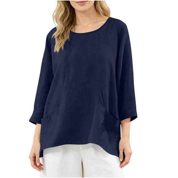 3/4 Sleeve Asymmetrical Neck Linen Cotton Blouses for Women Solid Color Buttoned Front Casual Tops Ideal for Spring Summer Daily Outfits